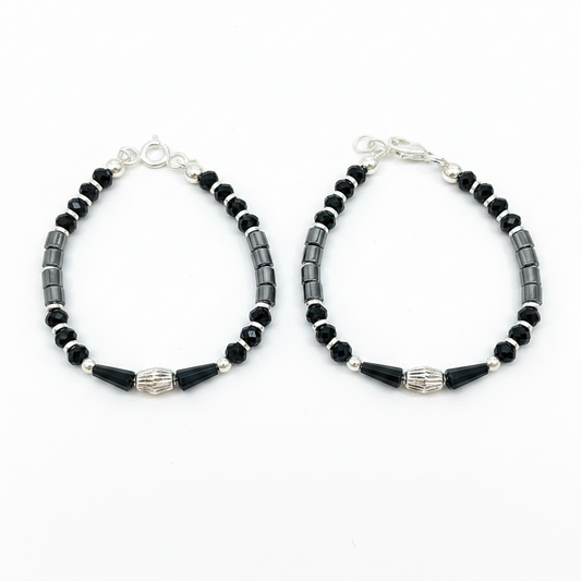 Silver Nazariya Black Bead  Anklet Set for Kids | Engraved Barrel Charm