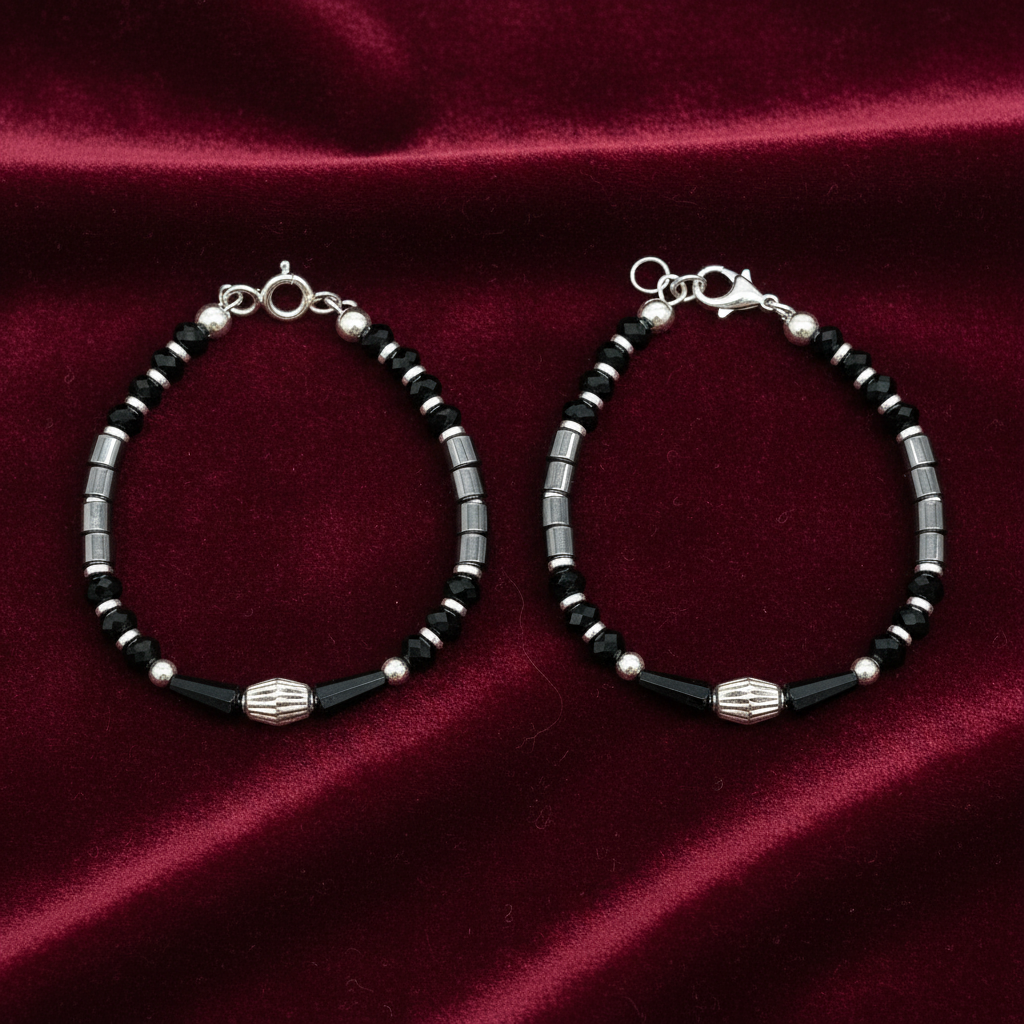 Silver Nazariya Black Bead  Anklet Set for Kids | Engraved Barrel Charm