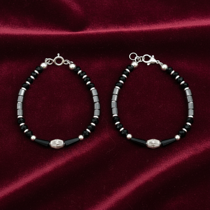 Silver Nazariya Black Bead  Anklet Set for Kids | Engraved Barrel Charm