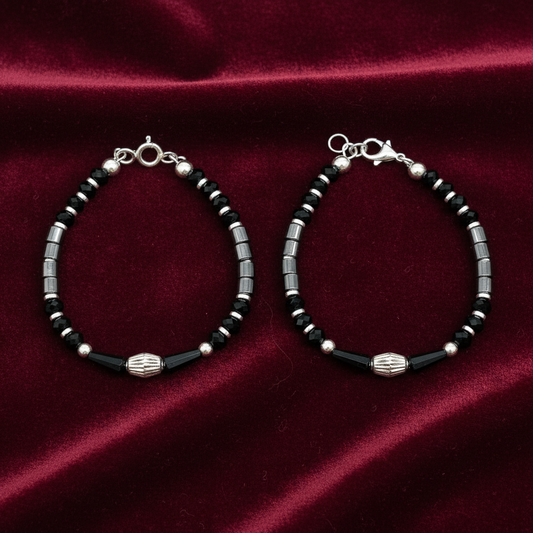 Silver Nazariya Black Bead  Anklet Set for Kids | Engraved Barrel Charm