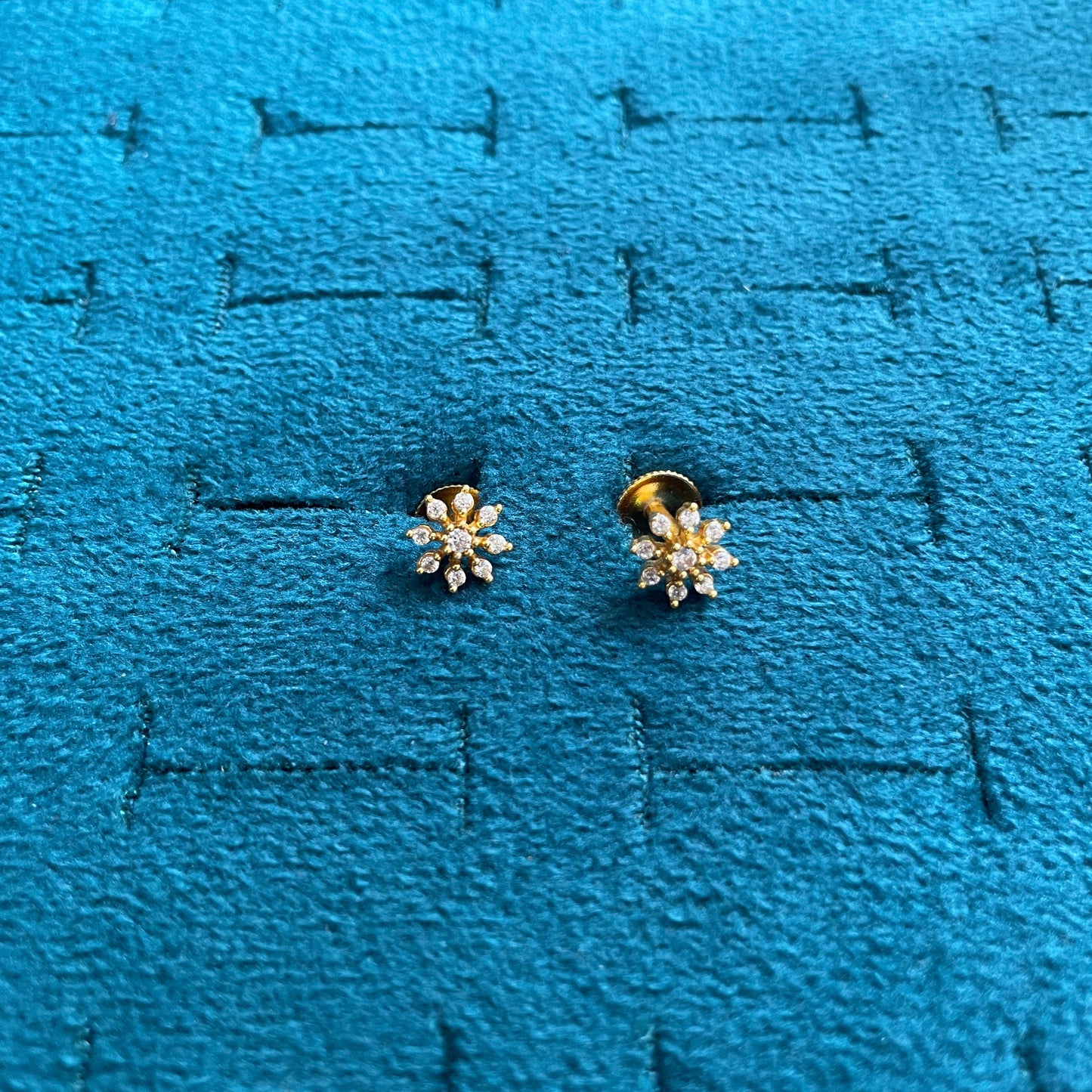 Gold Plated Floral CZ Stud Earrings for Women | Screw Back Flower Design