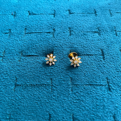 Gold Plated Floral CZ Stud Earrings for Women | Screw Back Flower Design