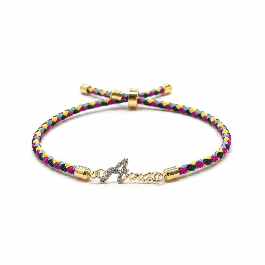 Gold-Plated Rakhi | CZ Name Script Charm on Multicolour Braided Silk Thread