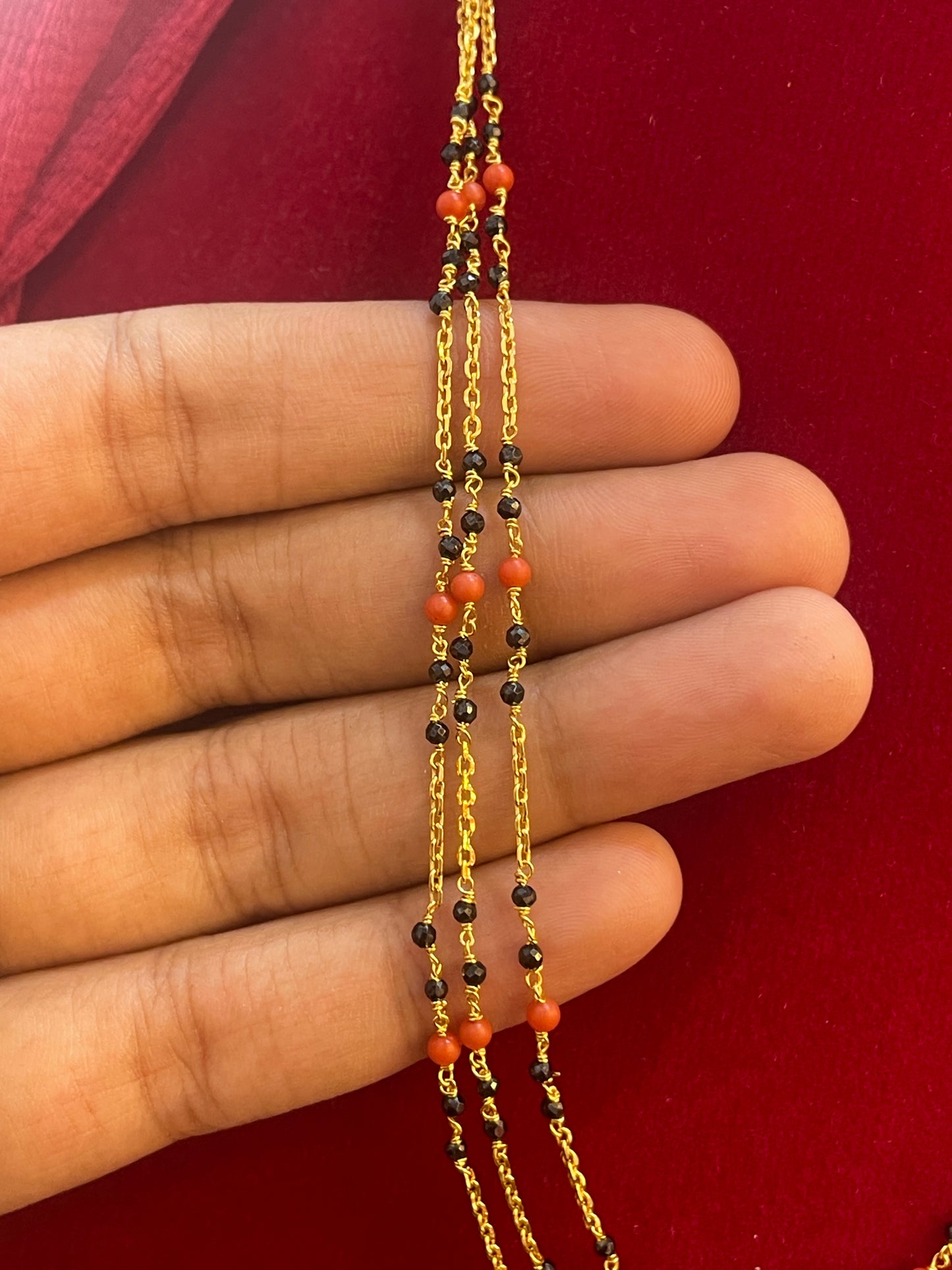 92.5 Silver Gold Plated Triple Line Black Bead Chain for Women 18.5 Inches | Layered Traditional Design | Elegant Jewellery