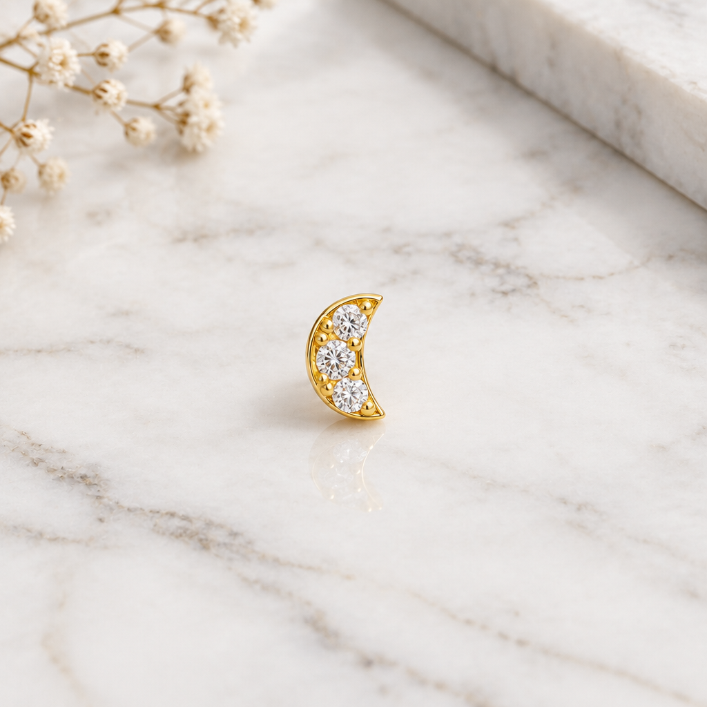 92.5 Silver Gold Plated White CZ Crescent Moon Nose Pin for Women - Single