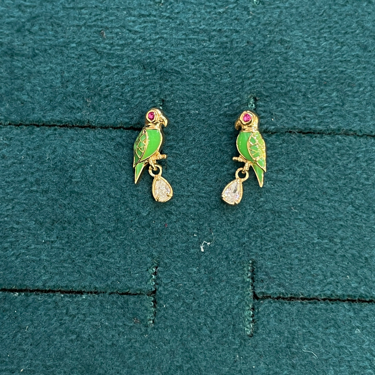 92.5 Sterling Silver Gold Plated Green Enamel Parrot & White CZ Pear Drop Earrings for Women