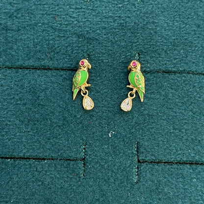 92.5 Sterling Silver Gold Plated Green Enamel Parrot & White CZ Pear Drop Earrings for Women