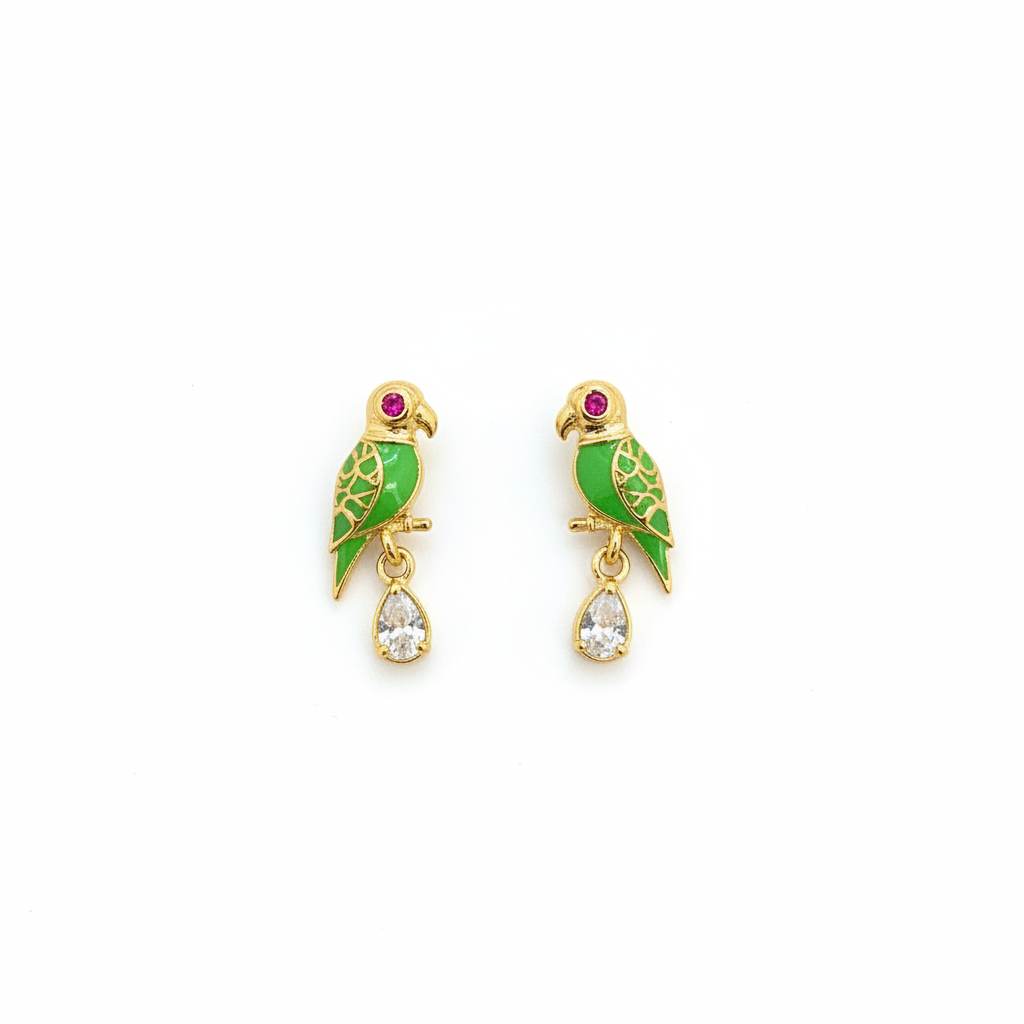 92.5 Sterling Silver Gold Plated Green Enamel Parrot & White CZ Pear Drop Earrings for Women