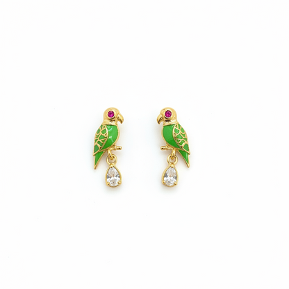92.5 Sterling Silver Gold Plated Green Enamel Parrot & White CZ Pear Drop Earrings for Women