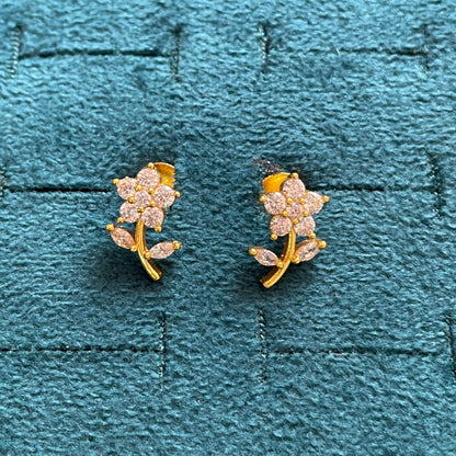 Gold Plated Floral Stem CZ Stud Earrings for Women | Flower & Leaf Design