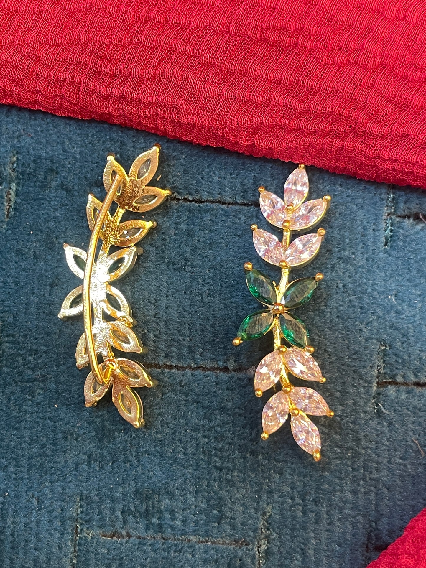 92.5 silver gold plated leaf green stone earcuffs