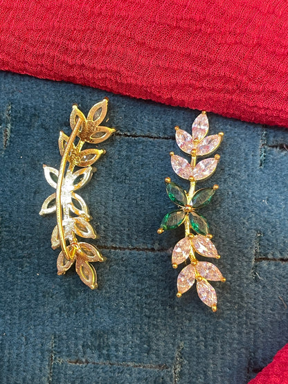 92.5 silver gold plated leaf green stone earcuffs