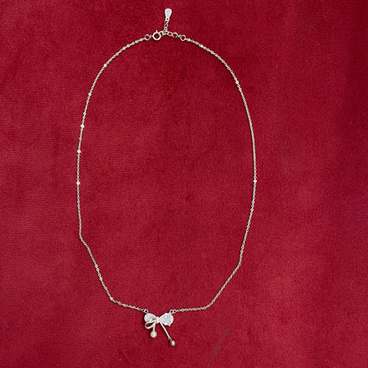 92.5 Silver Pave CZ Bow Pendant Necklace with Pearl & Silver Ball Drops for Women