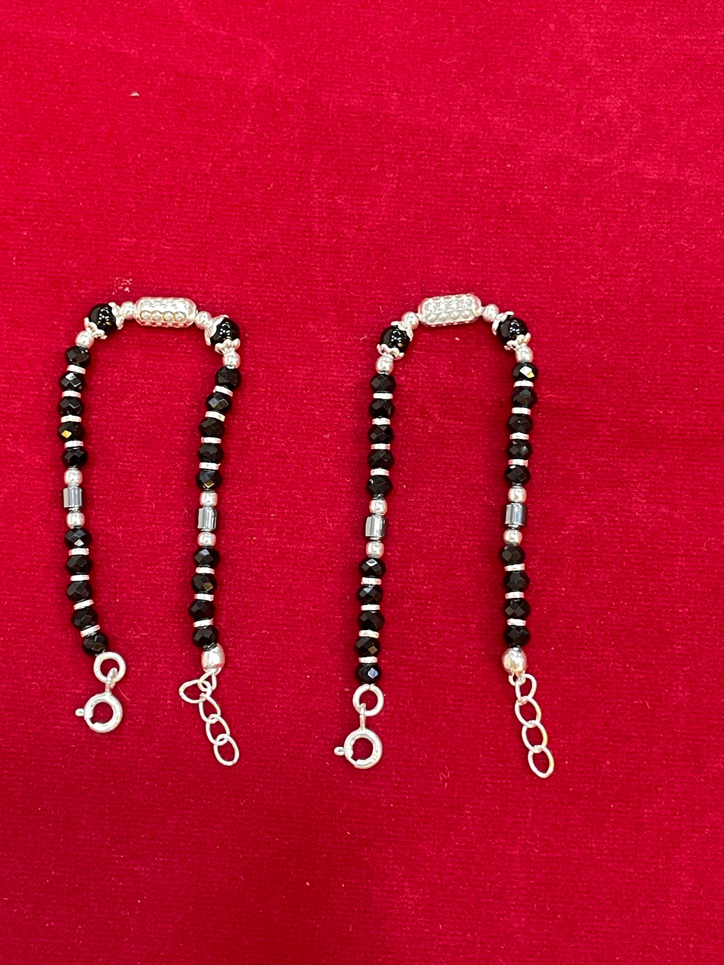 Silver Nazariya Black Bead Anklet for Kids | Set of 2 with CZ Studded Charm