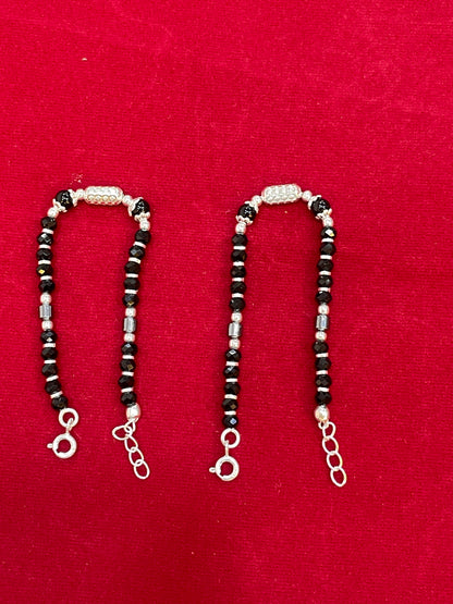Silver Nazariya Black Bead Anklet for Kids | Set of 2 with CZ Studded Charm