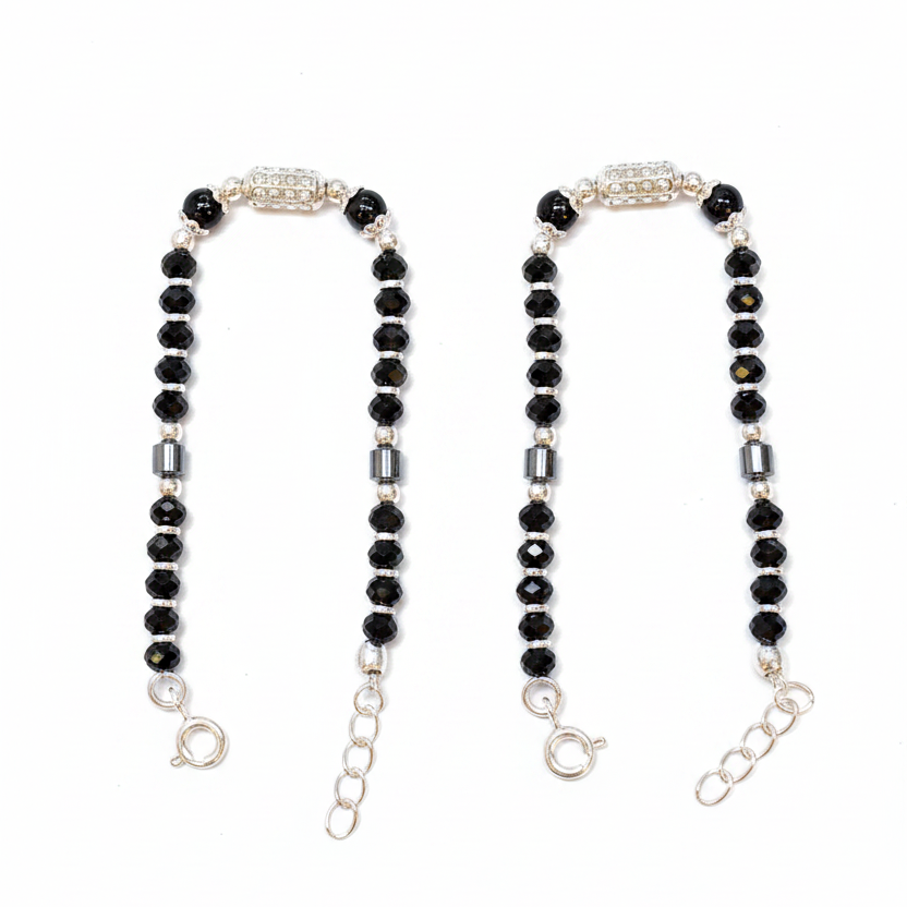 Silver Nazariya Black Bead Anklet for Kids | Set of 2 with CZ Studded Charm