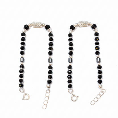 Silver Nazariya Black Bead Anklet for Kids | Set of 2 with CZ Studded Charm
