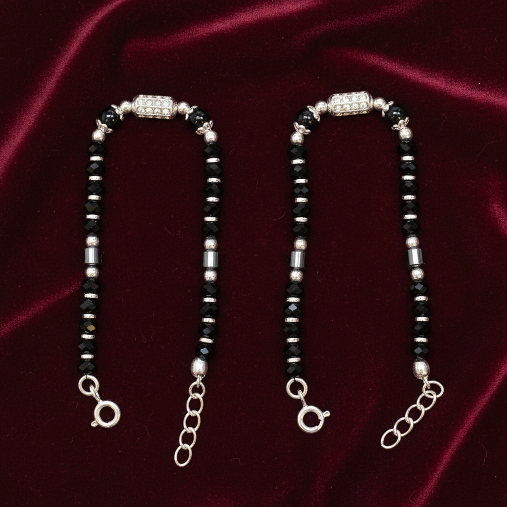 Silver Nazariya Black Bead Anklet for Kids | Set of 2 with CZ Studded Charm
