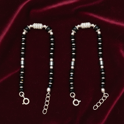 Silver Nazariya Black Bead Anklet for Kids | Set of 2 with CZ Studded Charm
