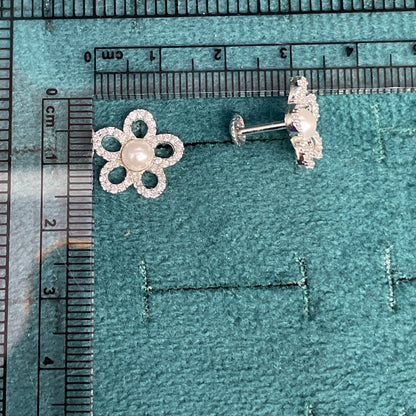92.5 Sterling Silver Pave White CZ Open Five-Petal Flower & Pearl Centre Stud Earrings for Women