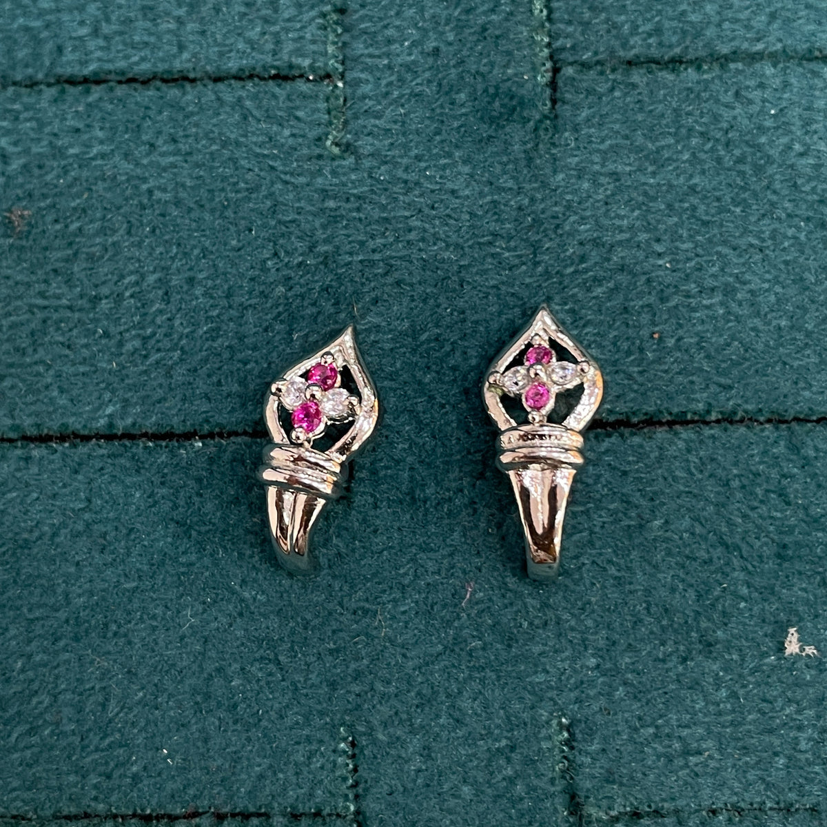 92.5 Sterling Silver Earrings for Women | J-Shape Pink and White Stone Studs pair