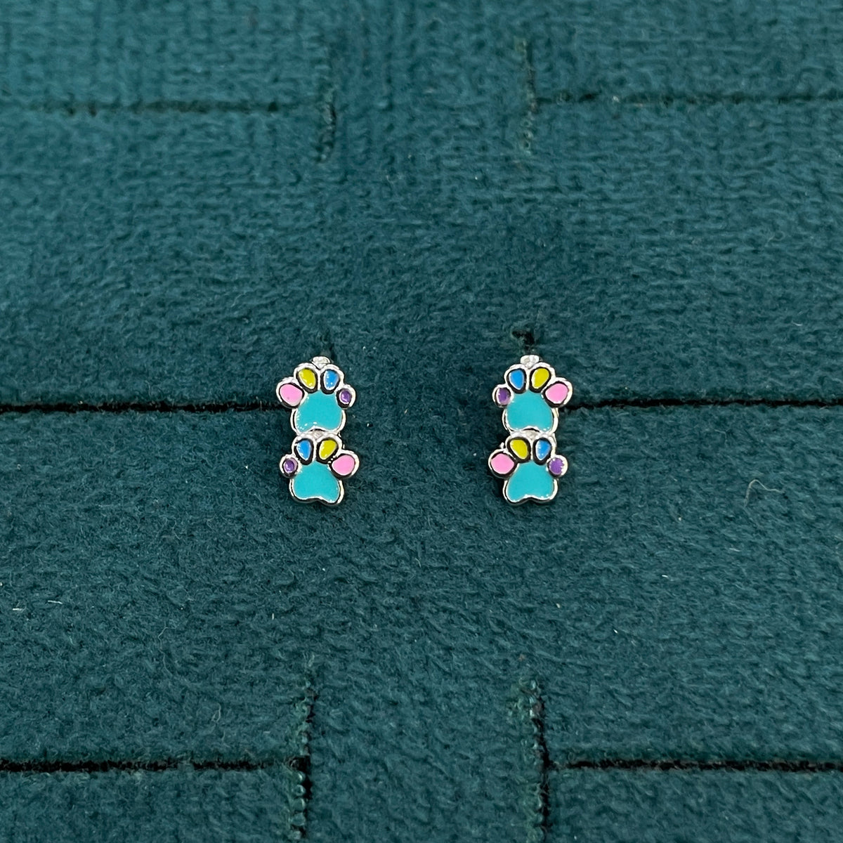 92.5 Silver Enamel Paw Print Huggie Hoop Earrings for Girls