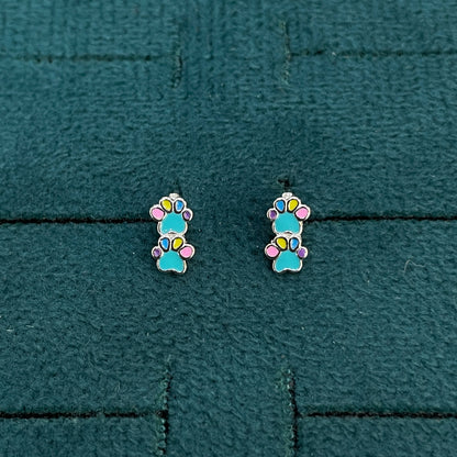 92.5 Silver Enamel Paw Print Huggie Hoop Earrings for Girls