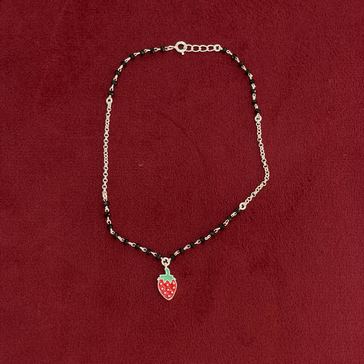 92.5 Silver Black Bead Strawberry Charm Anklet - Single Pc