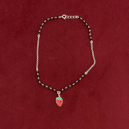 92.5 Silver Black Bead Strawberry Charm Anklet - Single Pc