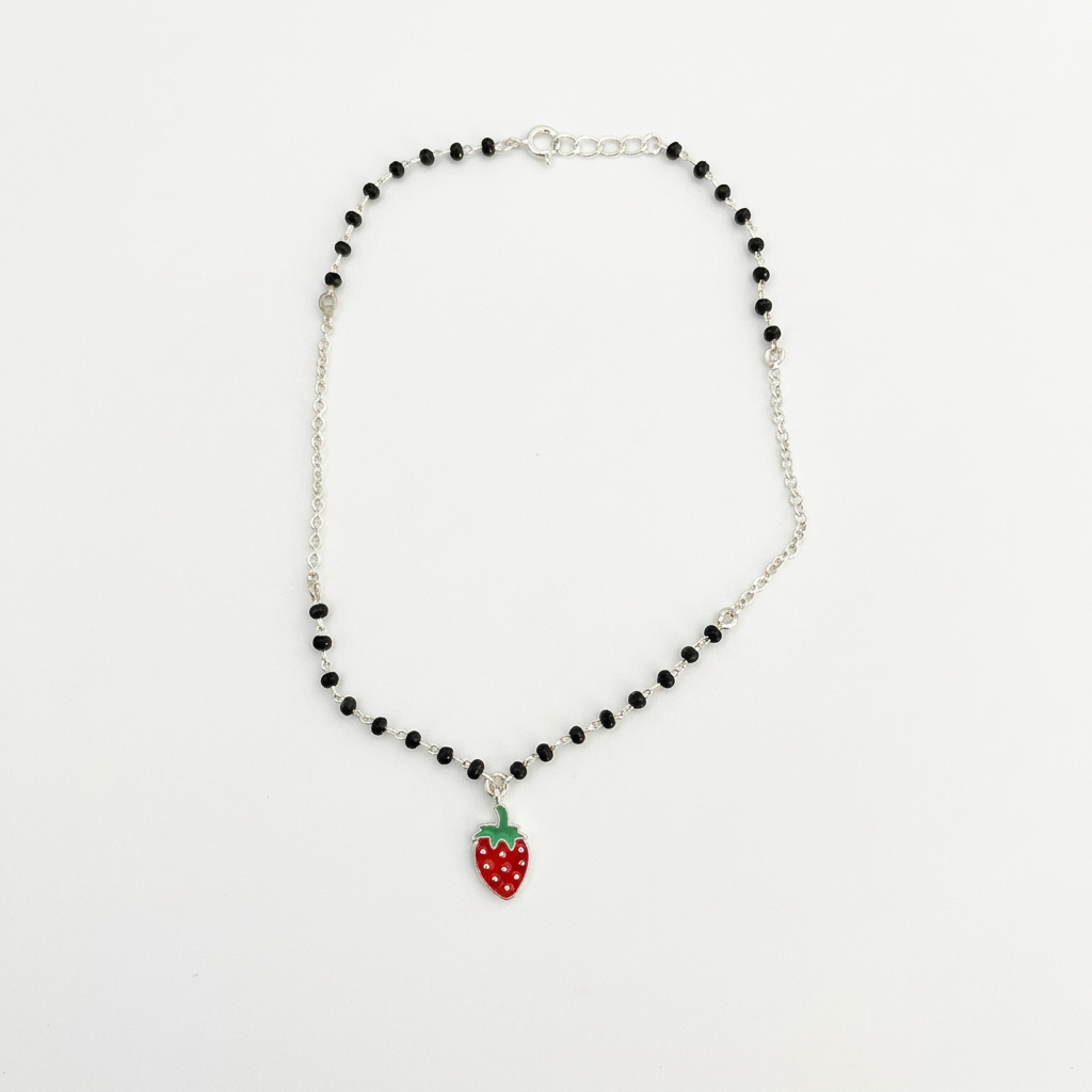 92.5 Silver Black Bead Strawberry Charm Anklet - Single Pc