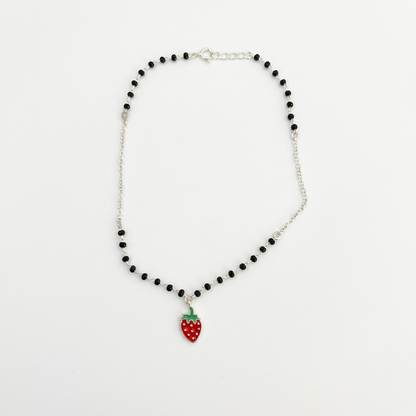 92.5 Silver Black Bead Strawberry Charm Anklet - Single Pc