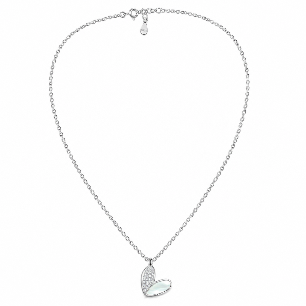 92.5 Silver MOP & Pave CZ Split Heart Pendant Necklace for Women