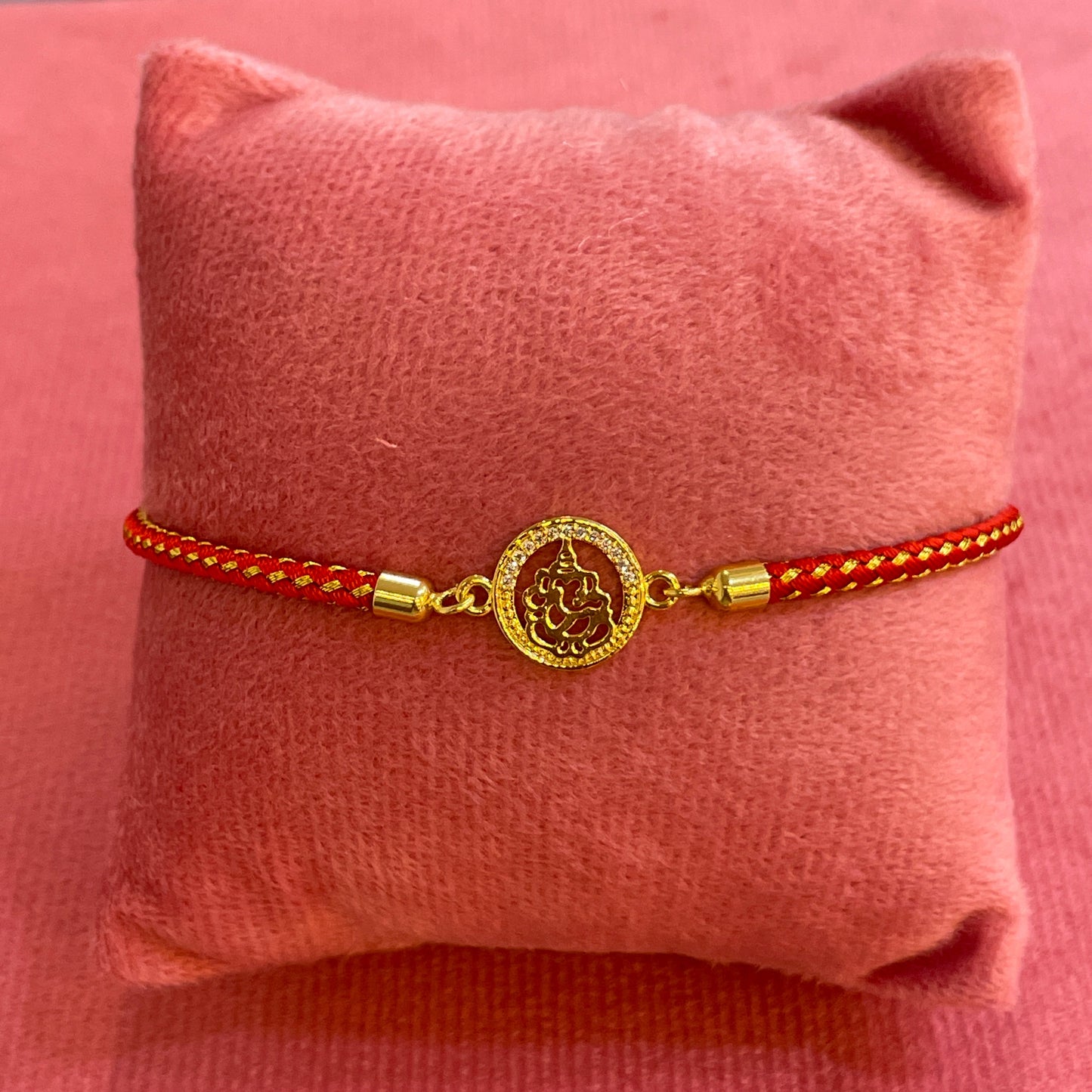 Silver Ganesha Rakhi for Brother | Gold Plated CZ Circular Charm with Red Thread