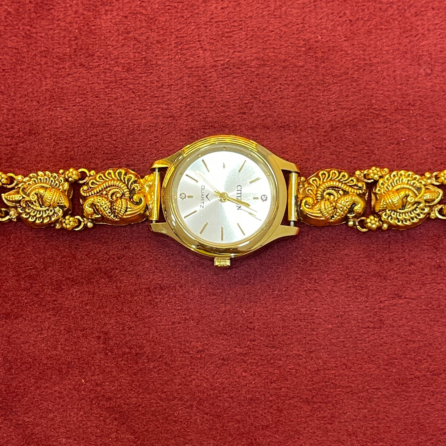 925 Silver Gold-Plated Nakshi Bracelet Watch for Women | Antique Peacock & Paisley Engraved Strap | White Dial