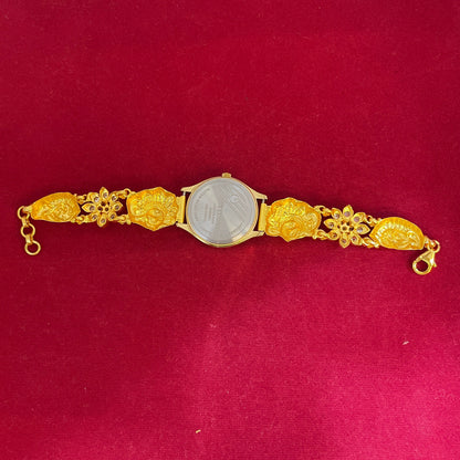 92.5 silver Gold-Plated Temple Jewellery Bracelet Watch for Women | Citizen Quartz | Peacock & Ruby CZ Floral Strap