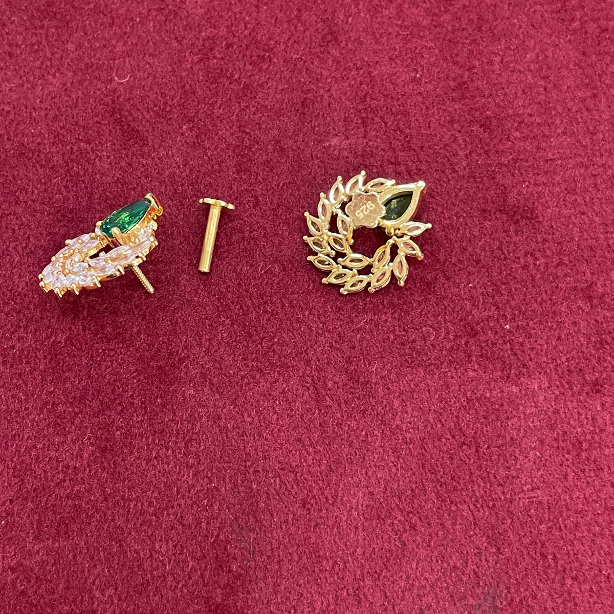 92.5 Sterling Silver Gold Plated Emerald Green Teardrop & Marquise CZ Wreath Stud Earrings for Women