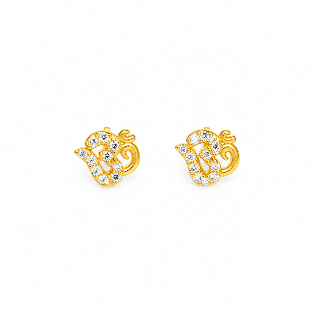 92.5 Silver Gold Plated White CZ Om Stud Earrings for Women