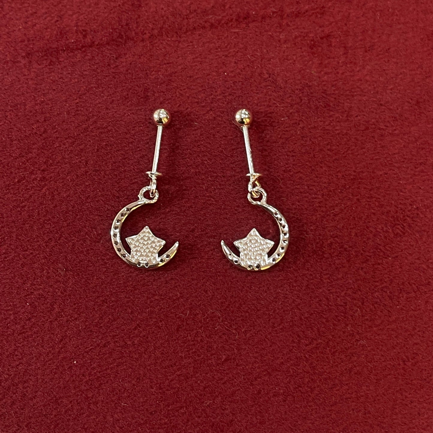 92.5 Sterling Silver Crescent Moon & Star Bugadi for Women | CZ Crescent with MOP Star | Helix Earring pair