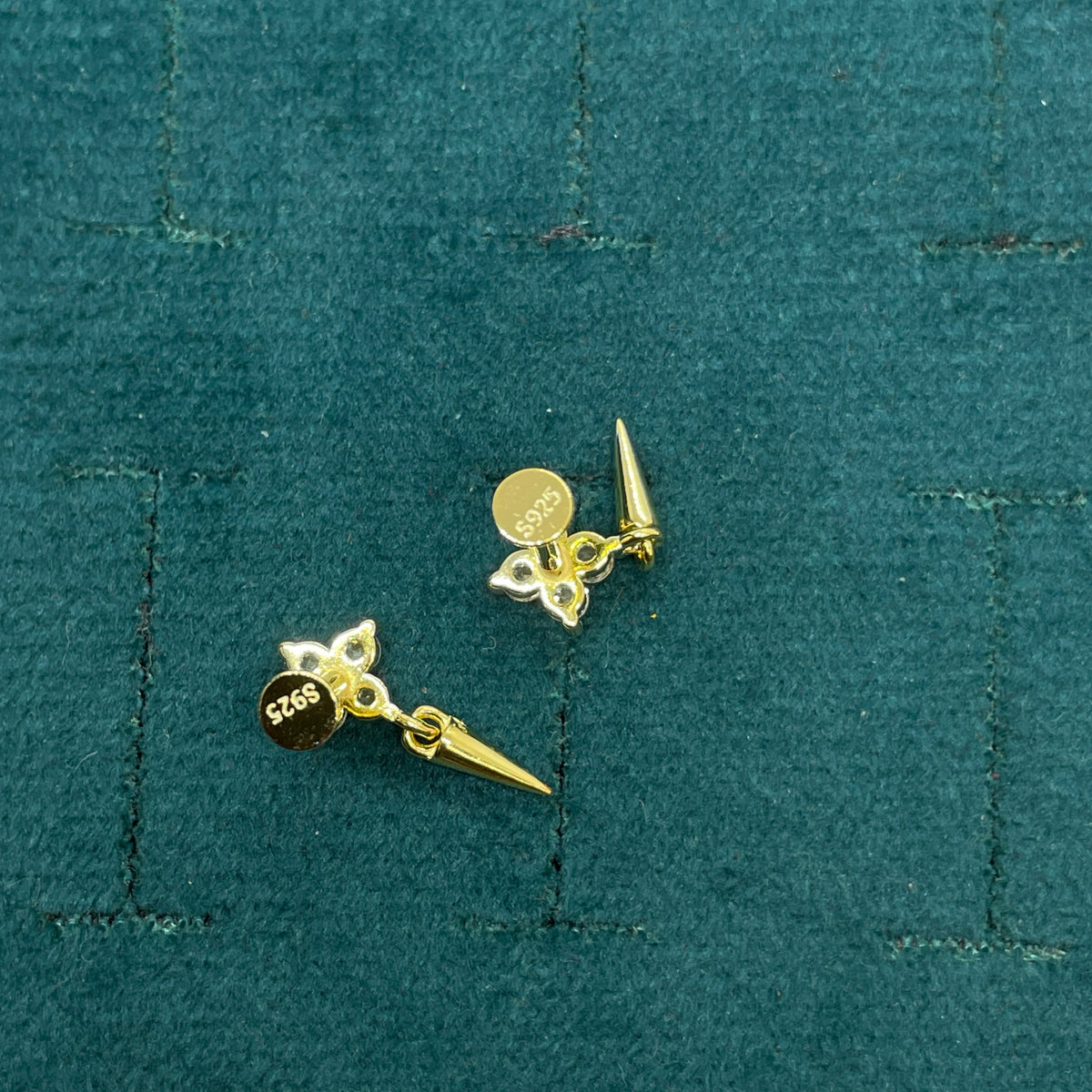 92.5 Sterling Silver Gold Plated White CZ Four-Petal Flower & Gold Spike Drop Earrings for Women
