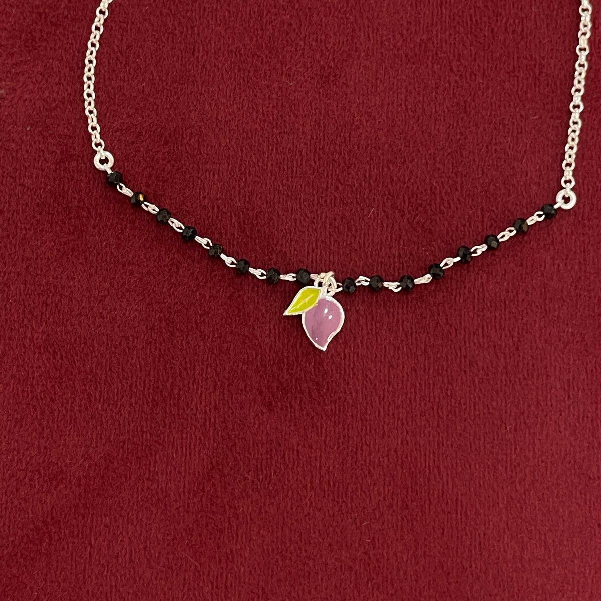 92.5 Silver Black Bead Leaf Charm Anklet - Single Pc