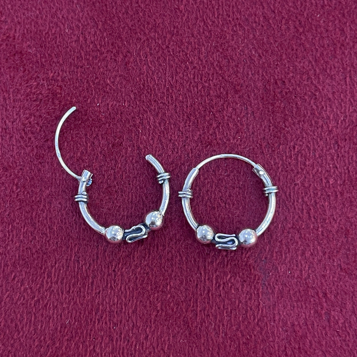 92.5 Silver Oxidised Bead & Scroll Hoop Earrings Pair