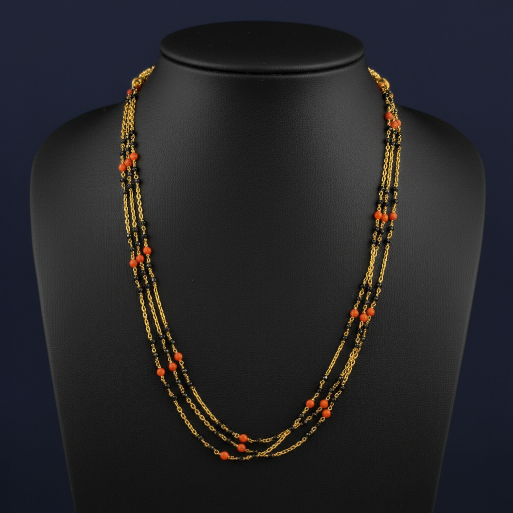 Necklace with red and gold beads on a red fabric background