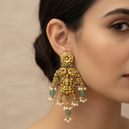 92.5 Silver Gold Plated Lakshmi Devi Earrings for Women | Divine Temple Style | Traditional Jewellery