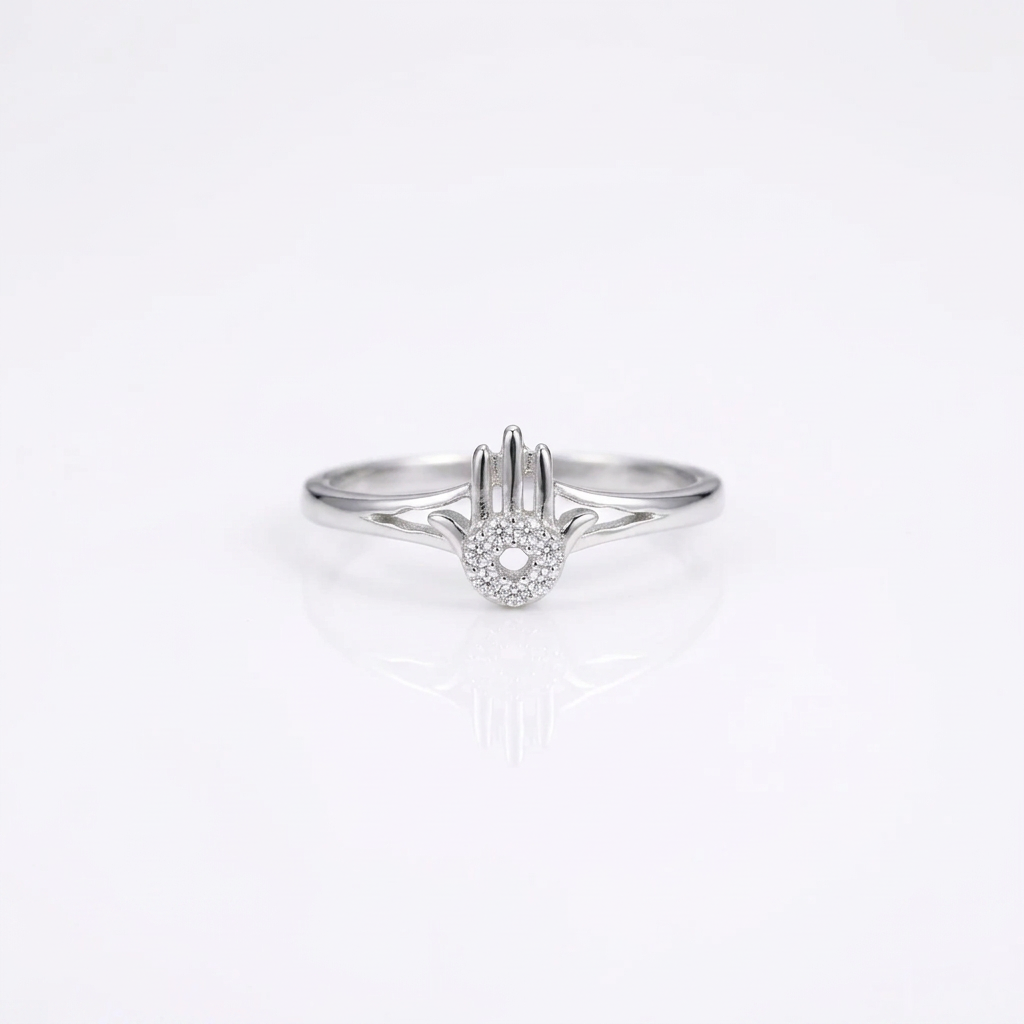 92.5 Silver Clear Stone Hamsa Ring for Women- Size 18
