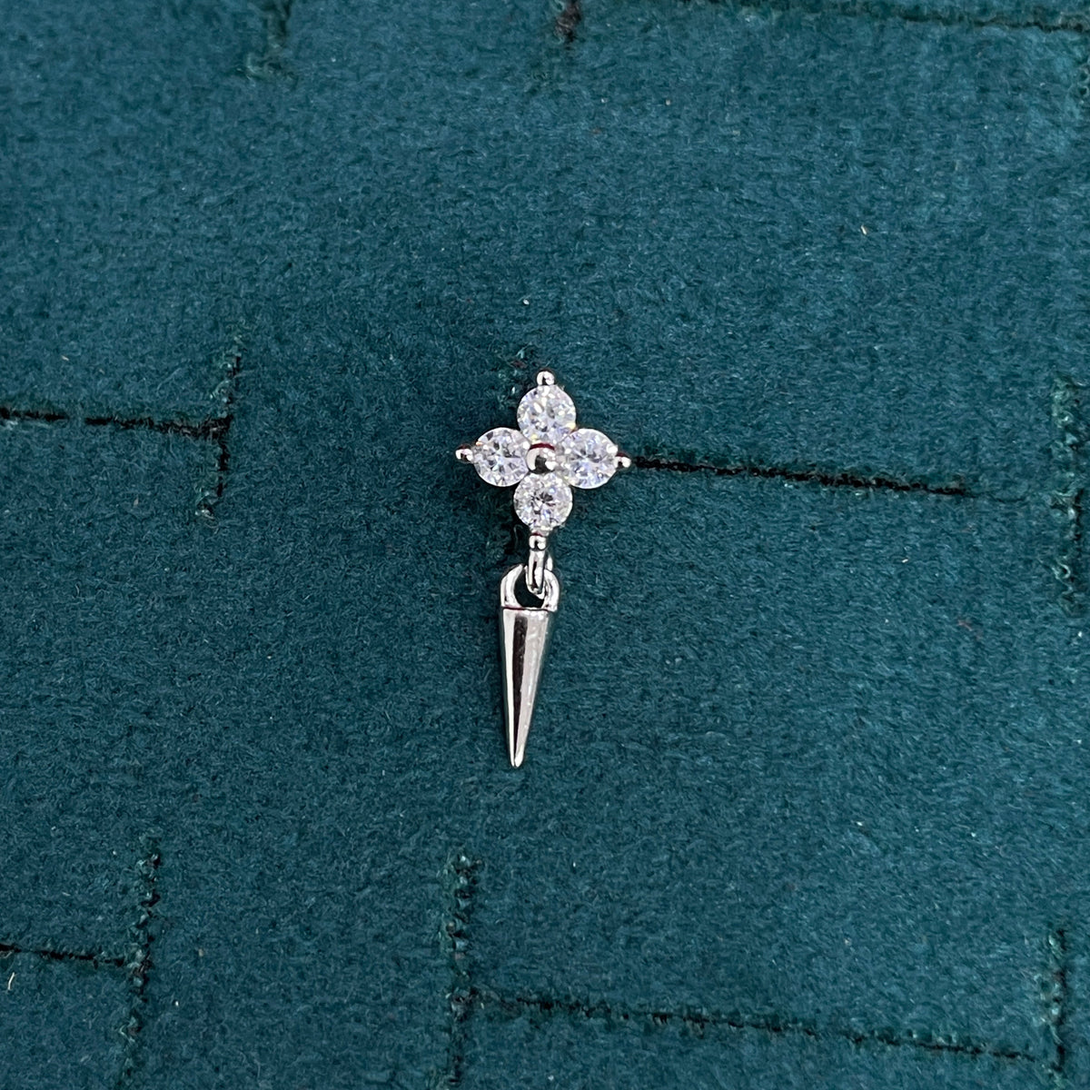 92.5 Sterling Silver Four-Petal Round White CZ Flower Cluster Stud with Cone Spike Drop Earrings for Women