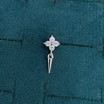 92.5 Sterling Silver Four-Petal Round White CZ Flower Cluster Stud with Cone Spike Drop Earrings for Women