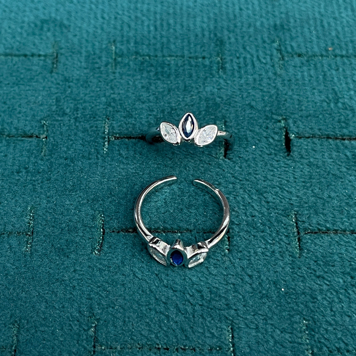 92.5 Sterling Silver Sapphire Blue & White CZ Marquise Three Leaf Open Toe Rings for Women — Pair