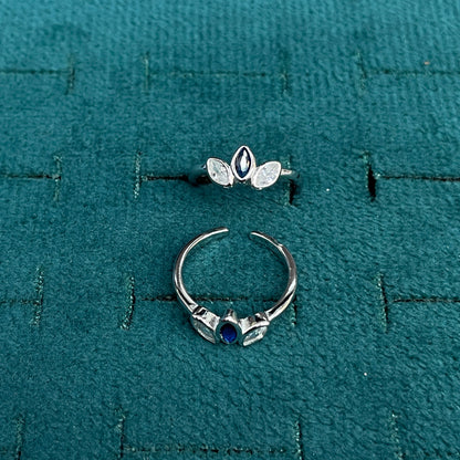 92.5 Sterling Silver Sapphire Blue & White CZ Marquise Three Leaf Open Toe Rings for Women — Pair