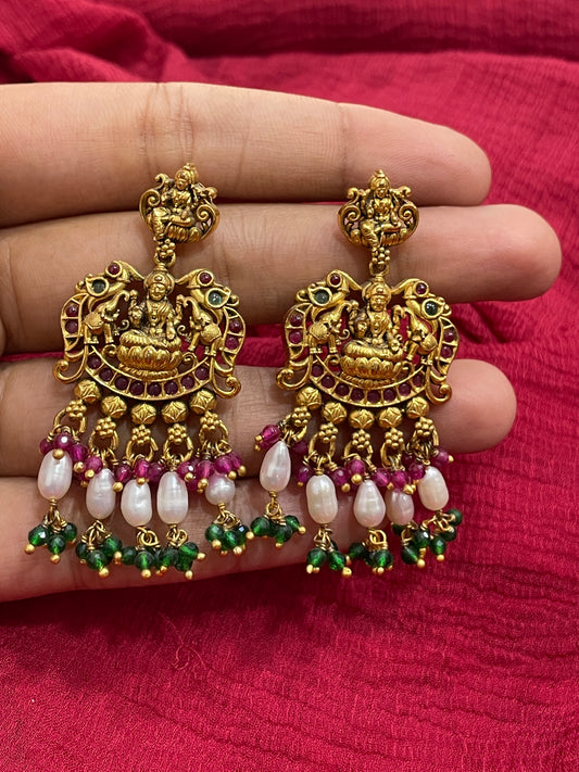 92.5 Silver Gold Plated Multicolor Lakshmi Devi Earrings for Women | Temple Design | Traditional Jewellery