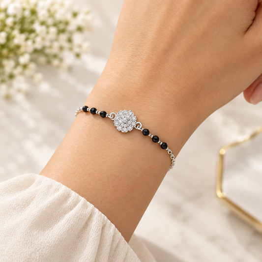 92.5 Silver Black Bead Bracelet with CZ Flower Charm for Women